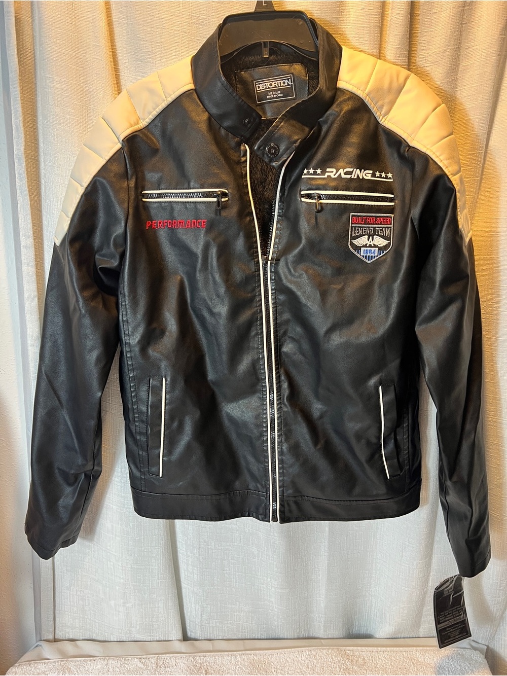 Men's Black and Cream Racing Bomber Jacket - SIZE LARGE